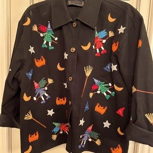 Fun Halloween button jacket! Black denim with cute witches and goblins!